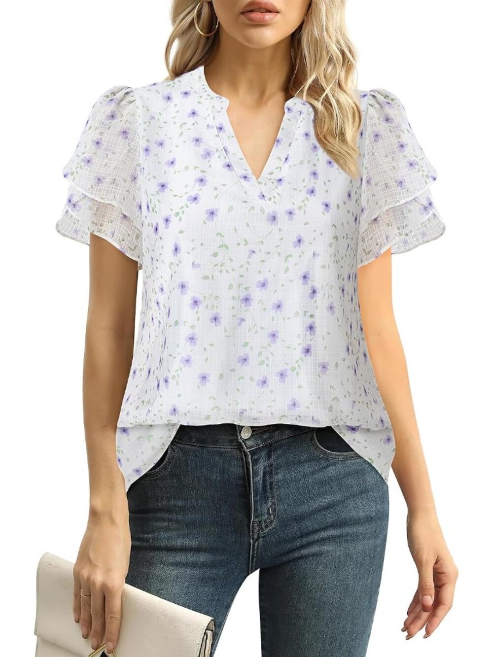 Womens Dressy Chiffon Blouses Summer Puff Petal Short Sleeve Shirts V Neck Casua